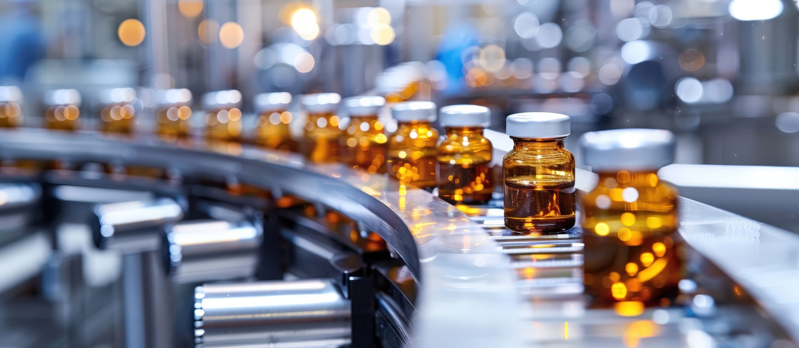 Close-up of a high-tech automated production line in a pharmaceutical factory, showcasing glass bottles in a modern industrial environment.